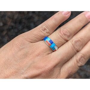 Genuine Navajo Inlay Multi Stone Ring Handmade NA Jewelry Sz 7.25 US **